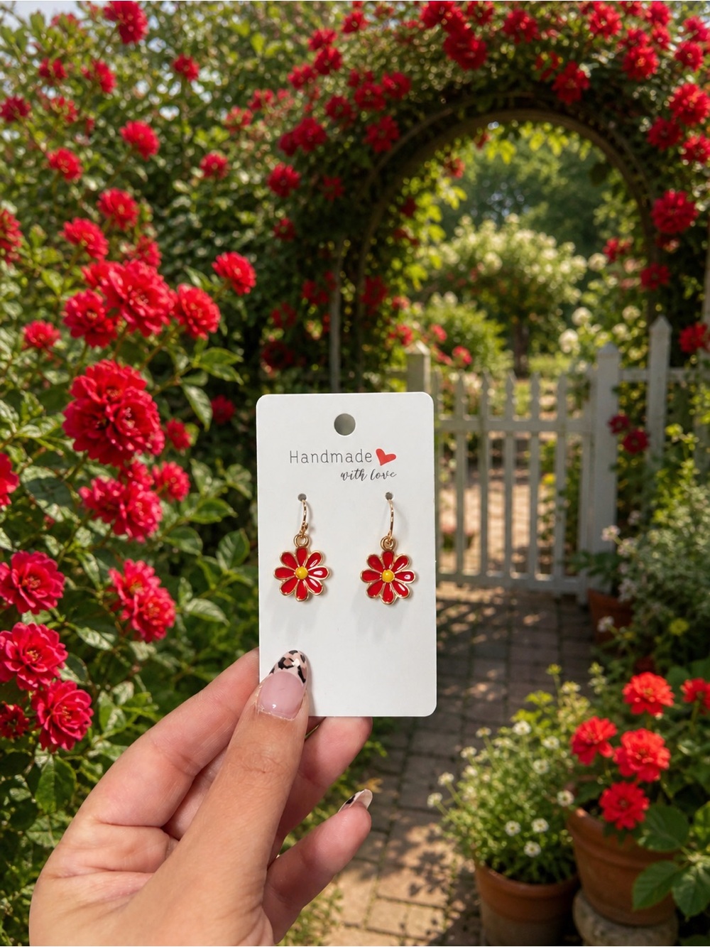Red Flower Dangle Earrings on Gold Hooks